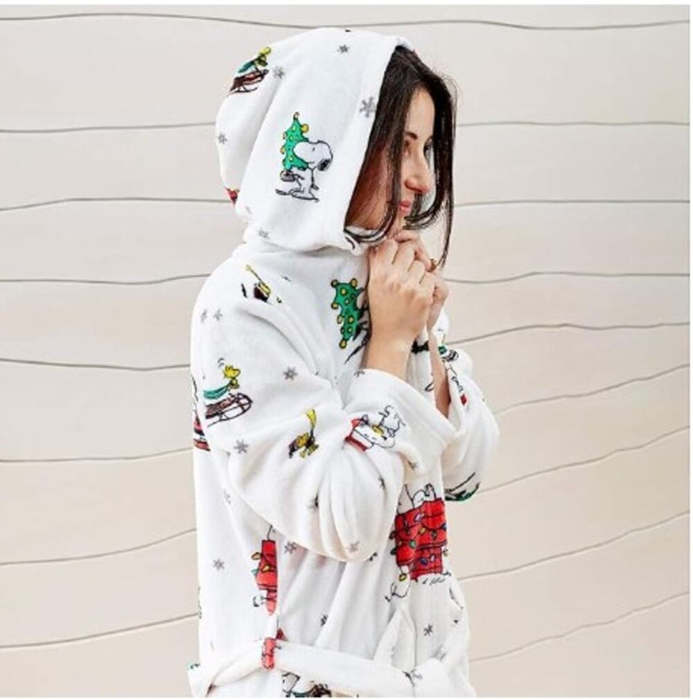Peanuts White Fleece Christmas Hooded Robe w/ Belt - Size Small